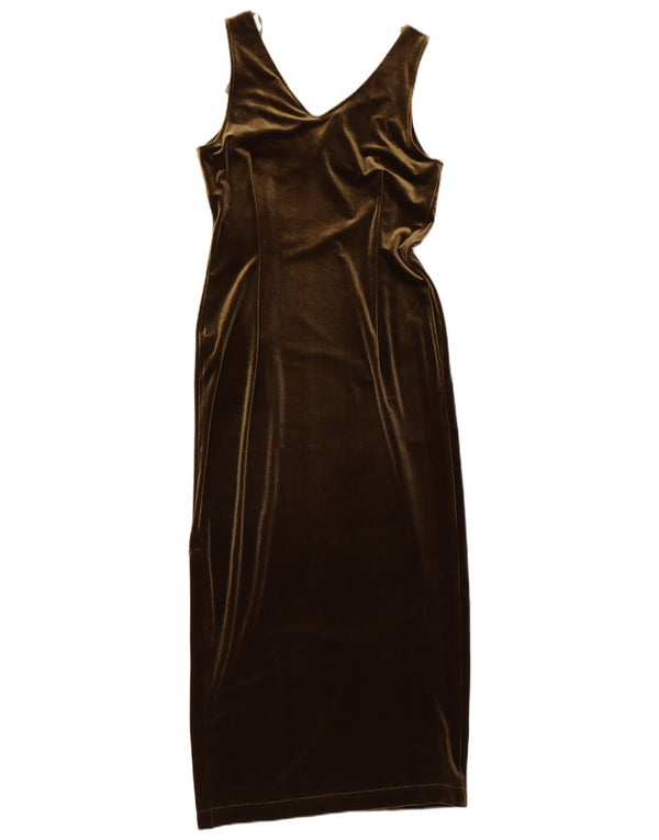 Abito lungo da donna vintage in velluto senza maniche UK 12 Poliestere marrone medio