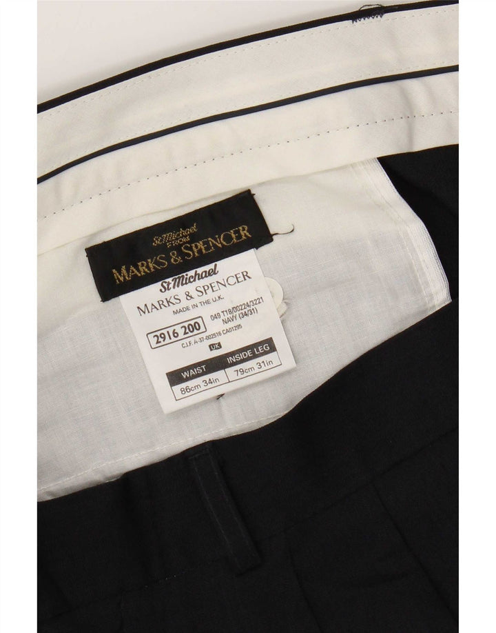 Pantaloni da abito con pegging da uomo Marks & Spencer W34 L26 poliestere blu navy
