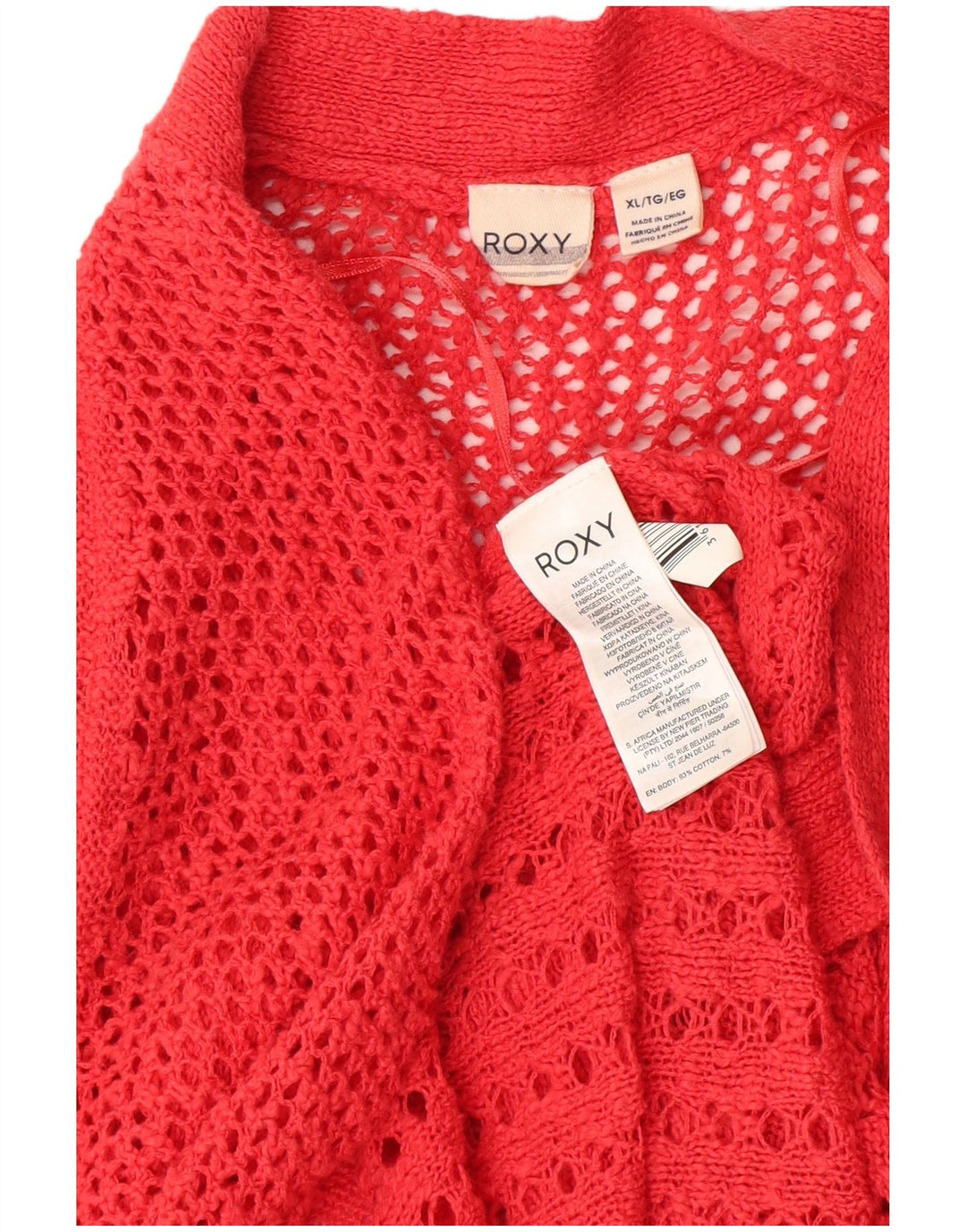 Maglione cardigan all'uncinetto da donna ROXY, lungo, UK 18 XL, cotone rosso