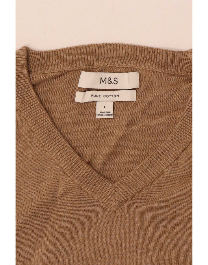 Marks & Spencer Mens V-Neck Jumper Sweater Large Beige Cotton