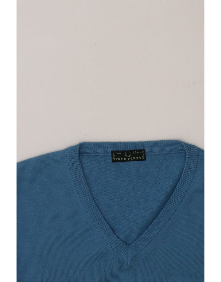 FRED PERRY Boys V-Neck Jumper Sweater 13-14 Years Blue Cotton Vintage Fred Perry and Second-Hand Fred Perry from Messina Hembry 
