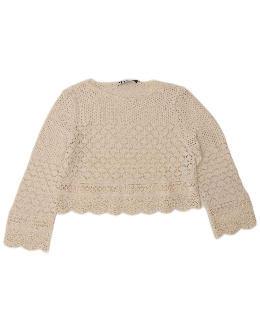 Top corto da donna Zara all'uncinetto UK 10 piccolo in poliestere bianco sporco