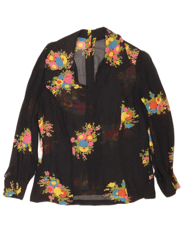 Top vintage da donna a maniche lunghe trasparente trasparente UK 14 medio nero floreale