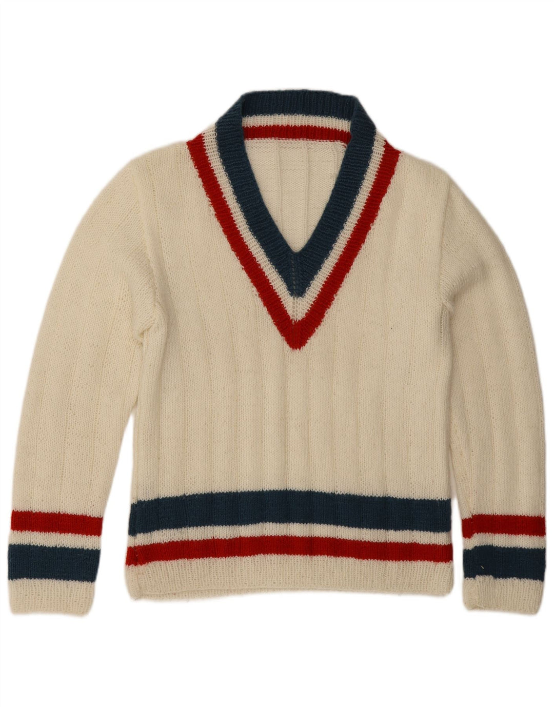 Maglione vintage da uomo con scollo a V a righe bianche medie