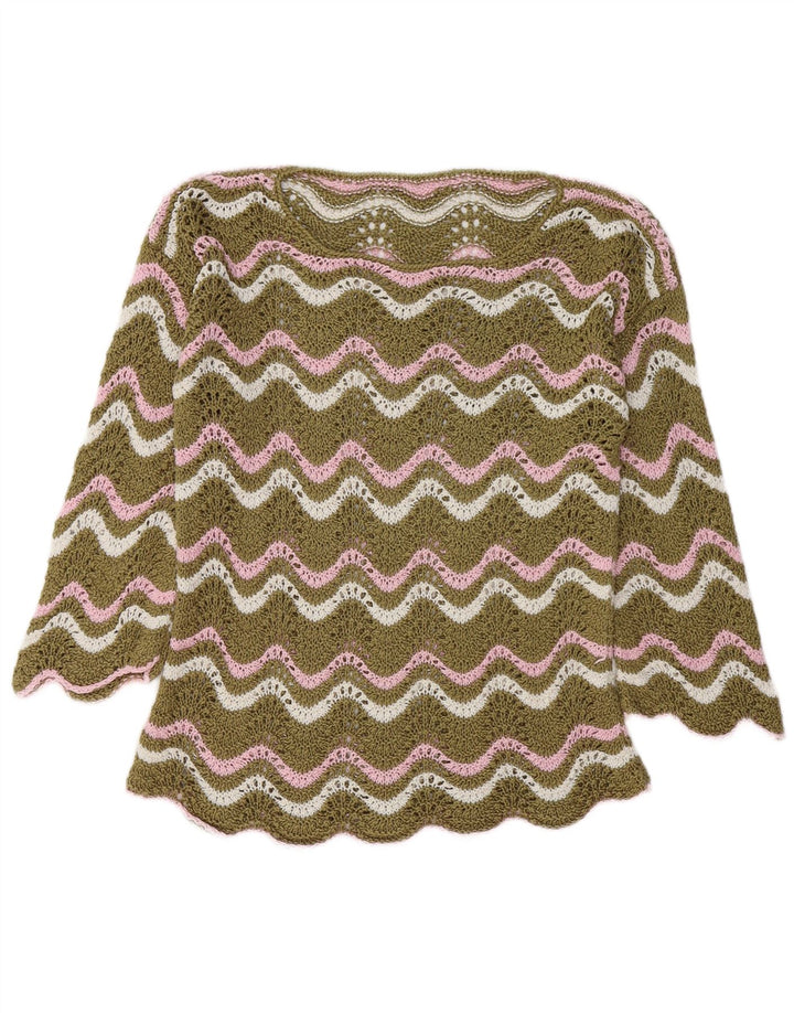 Maglione da donna vintage con scollo a barca all'uncinetto UK 14 Chevron medio kaki