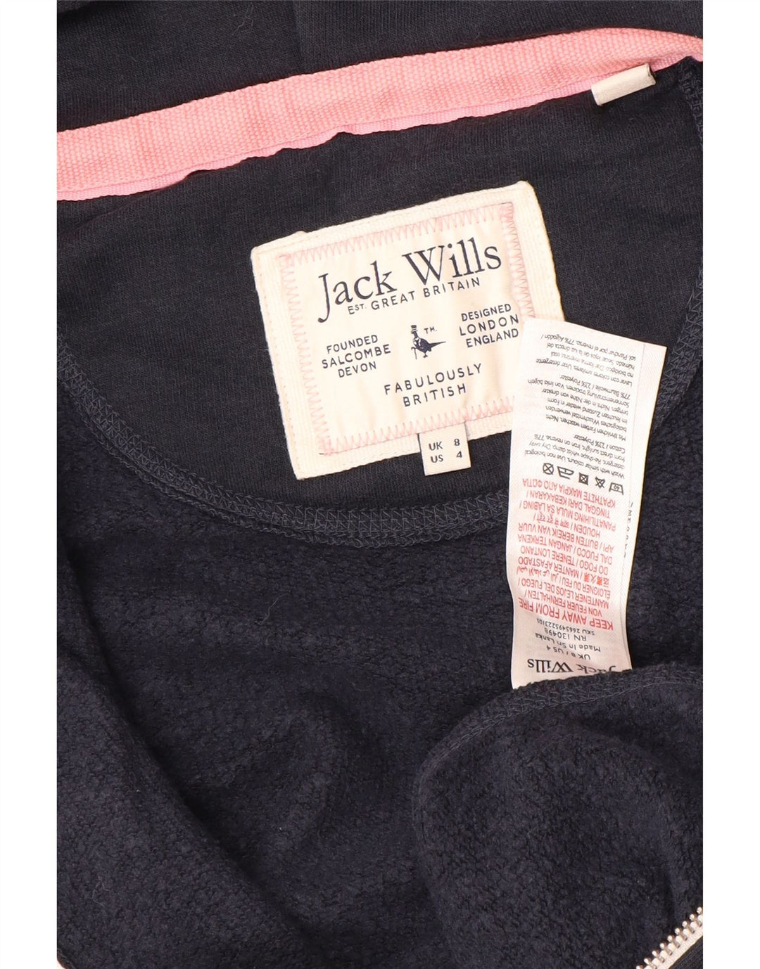JACK WILLS Felpa con cappuccio e zip grafica da donna UK 8 Small Cotone blu navy