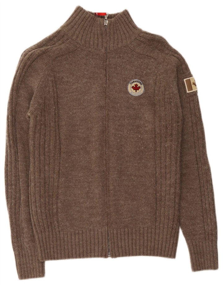 Canadiens Maglione cardigan oversize con zip intera da donna UK 10 piccolo in lana marrone
