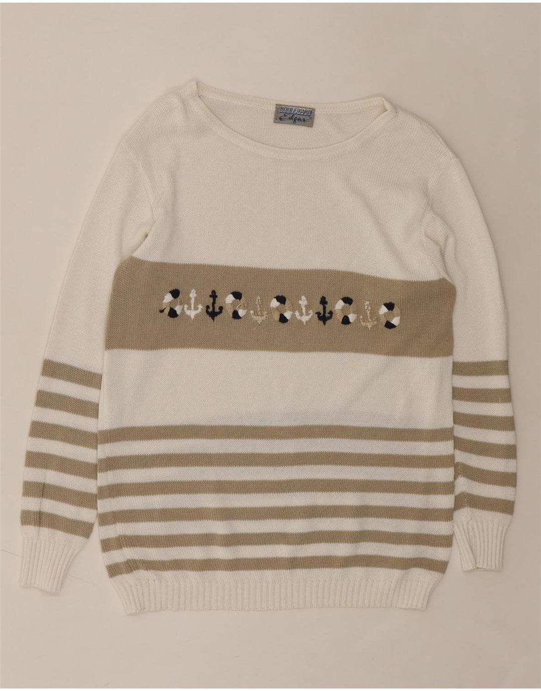 VINTAGE Womens Boat Neck Jumper Sweater UK 14 Medium White Nautical Vintage Vintage and Second-Hand Vintage from Messina Hembry 