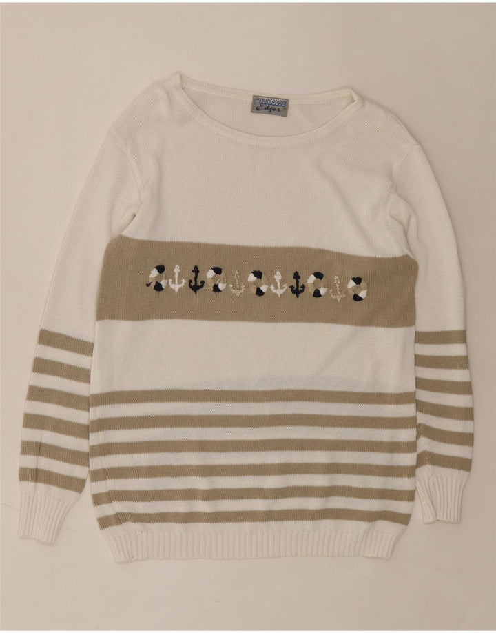 VINTAGE Womens Boat Neck Jumper Sweater UK 14 Medium White Nautical Vintage Vintage and Second-Hand Vintage from Messina Hembry 
