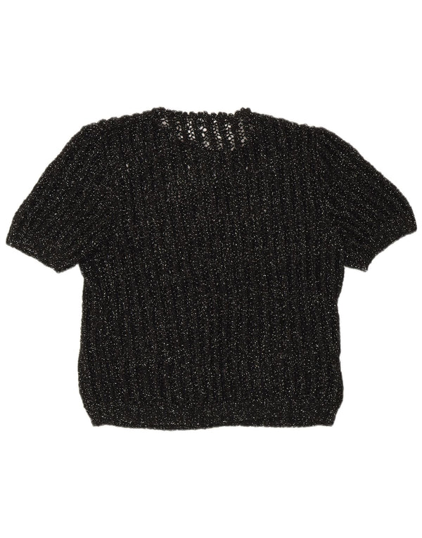 Maglione maglione girocollo a maniche corte da donna vintage UK 12 medio nero