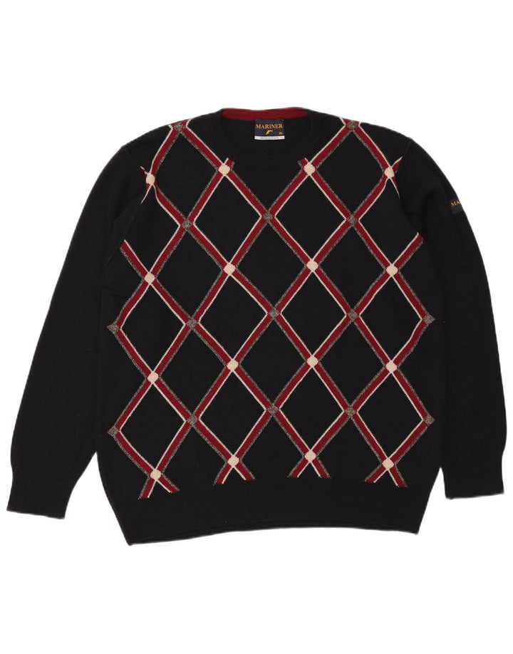 Maglione maglione girocollo vintage da uomo XL blu navy a rombi/diamante