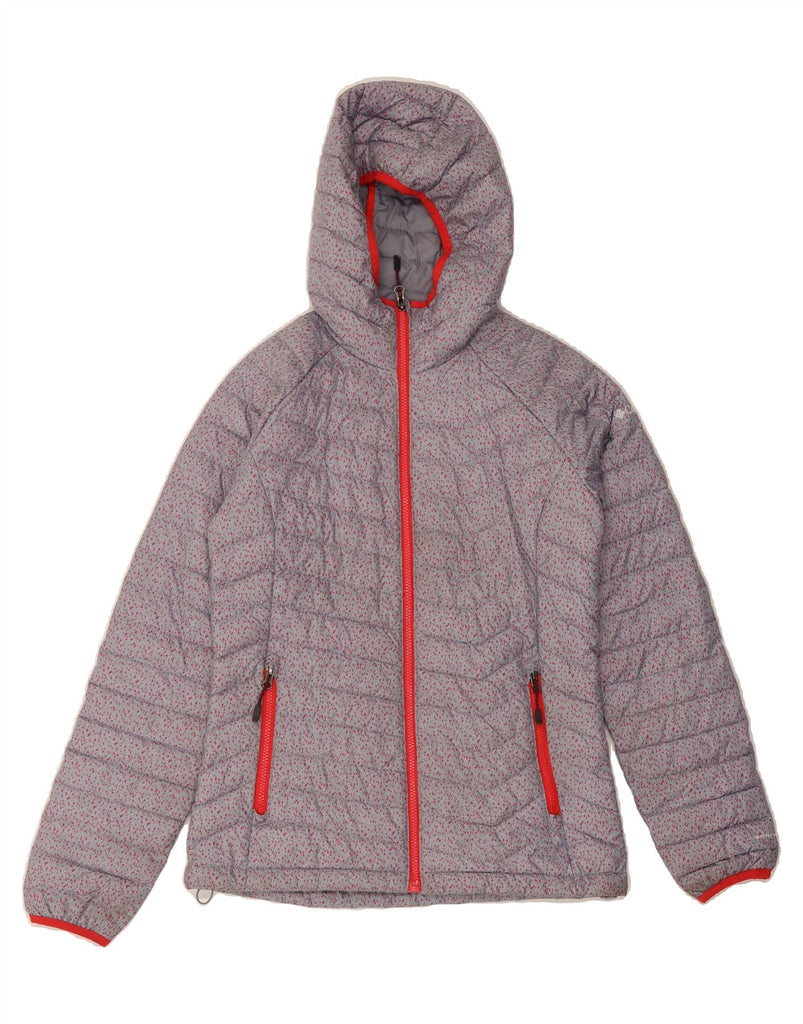 COLUMBIA Womens Hooded Padded Jacket UK 10 Small Grey Spotted Polyester Vintage Columbia and Second-Hand Columbia from Messina Hembry 
