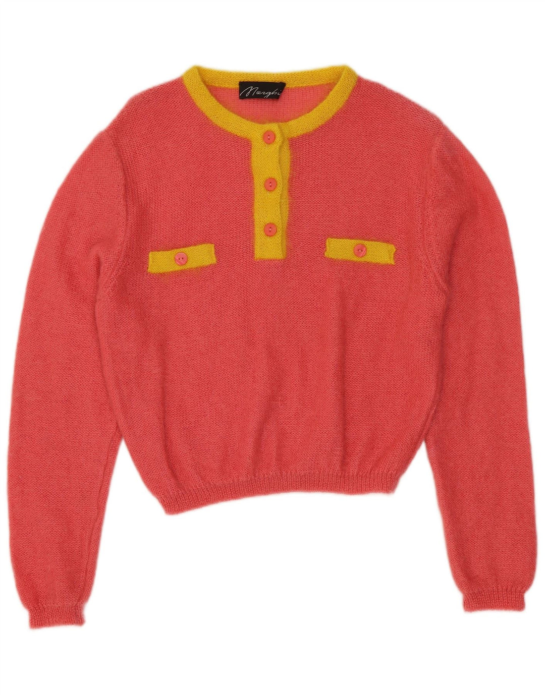 Maglione da donna VINTAGE con collo a bottoni IT 44 Colorblock rosa medio