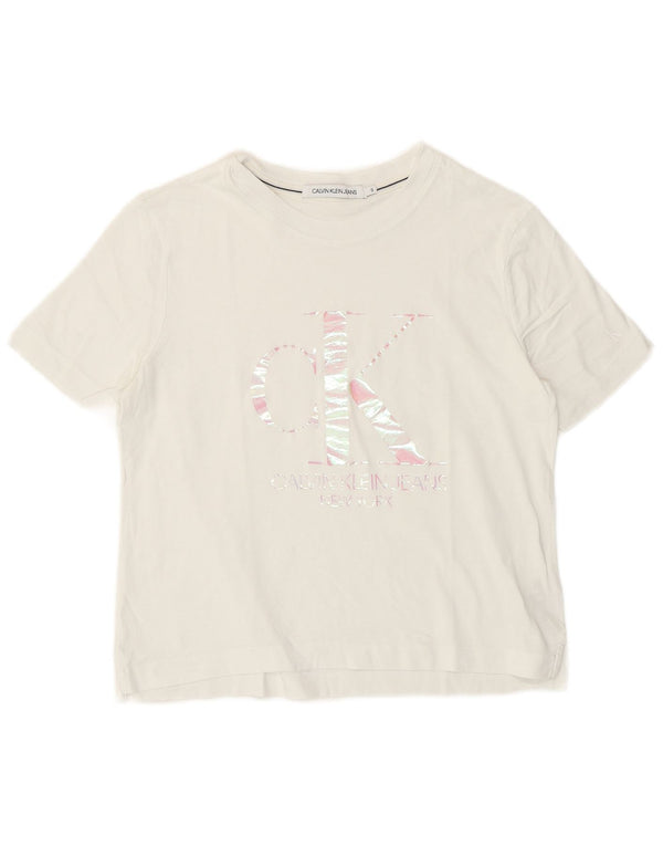 Maglietta grafica corta da donna Calvin Klein Top UK 8 Logo piccolo bianco sporco