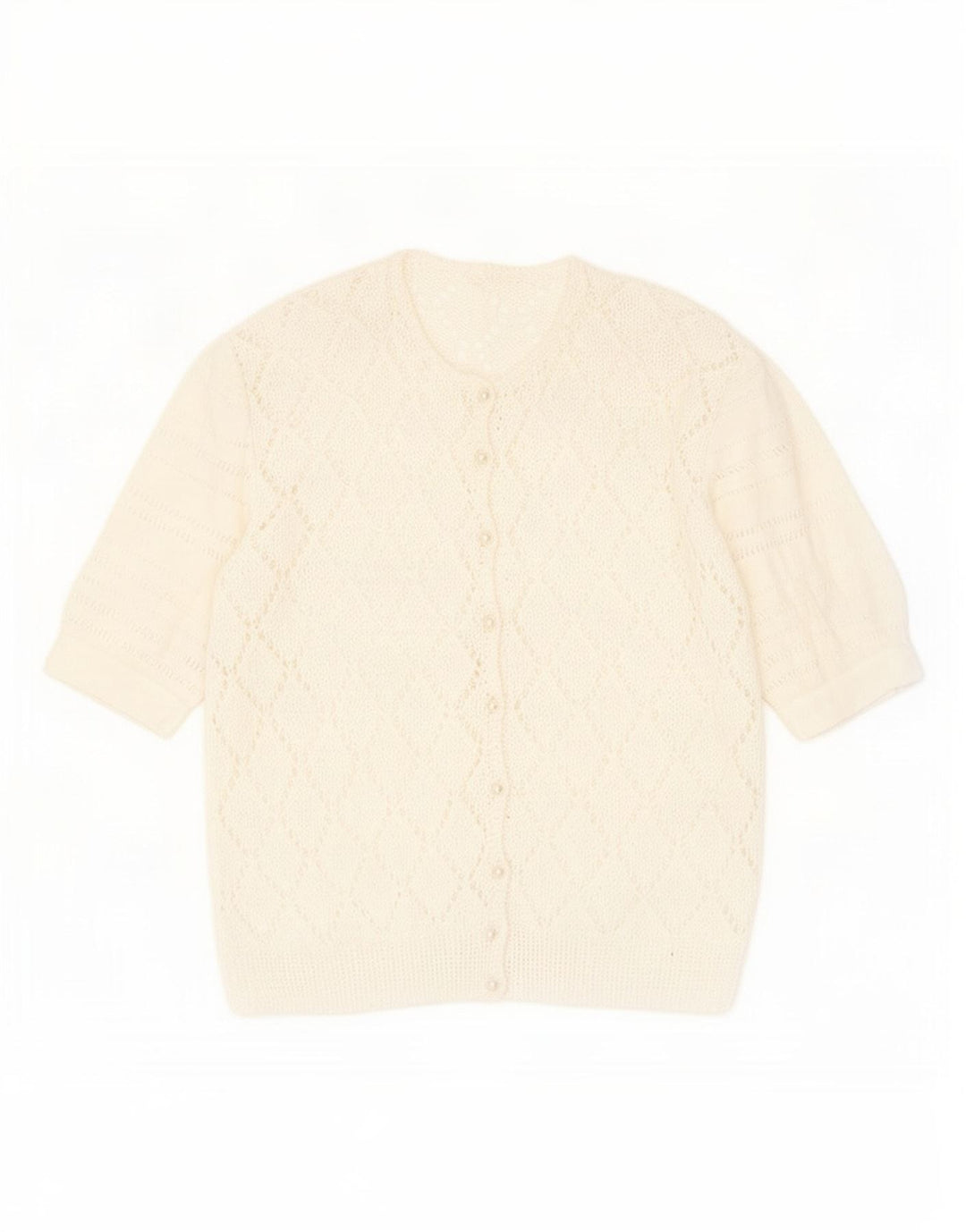 Maglione cardigan trasparente da donna vintage UK 14 medio bianco screziato