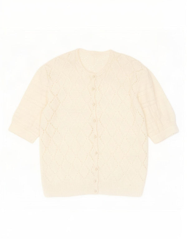 Maglione cardigan trasparente da donna vintage UK 14 medio bianco screziato