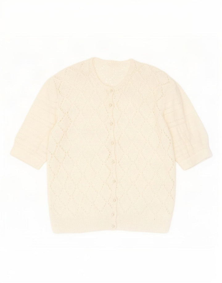 Maglione cardigan trasparente da donna vintage UK 14 medio bianco screziato