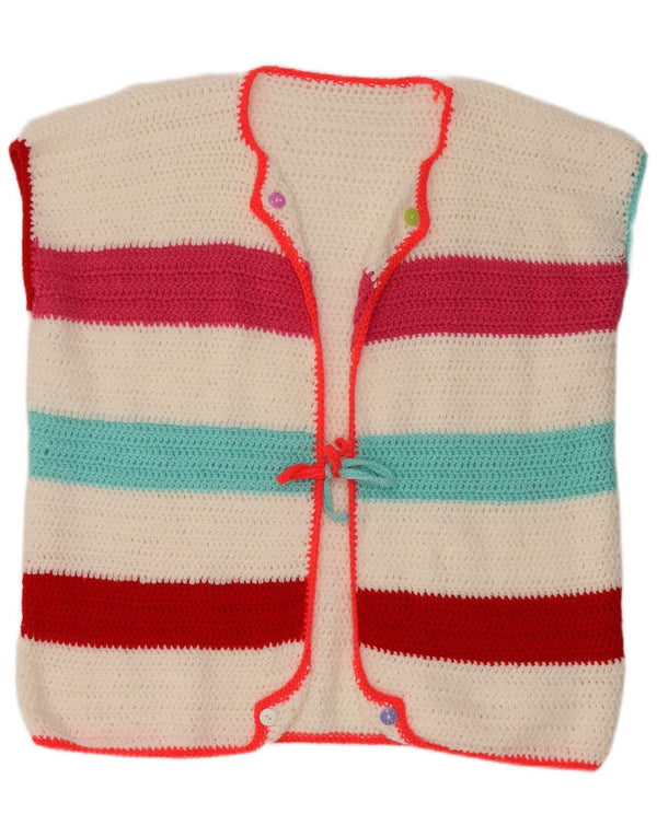 Maglione cardigan senza maniche da donna VINTAGE UK 18 XL a righe bianche