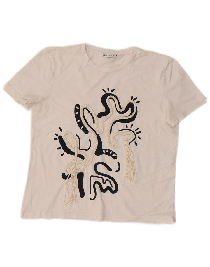 T-shirt grafica da donna ZARA Top UK 10 piccola in cotone bianco