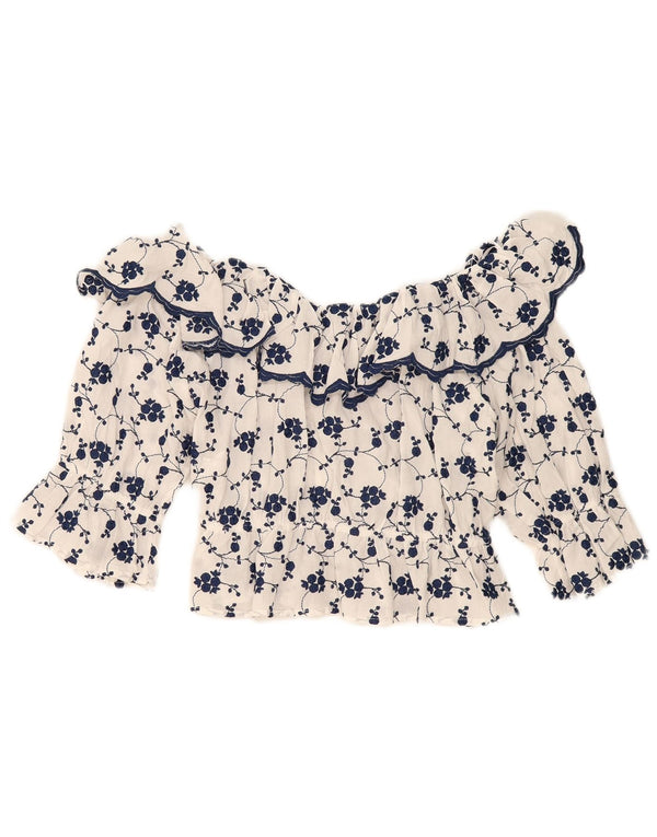 Top Zara da donna con spalle scoperte, camicetta corta UK 14, cotone floreale bianco grande