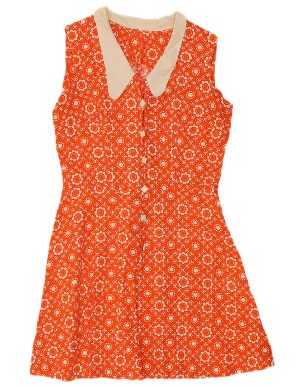 Abito a trapezio senza maniche vintage da donna UK 12 floreale arancione medio