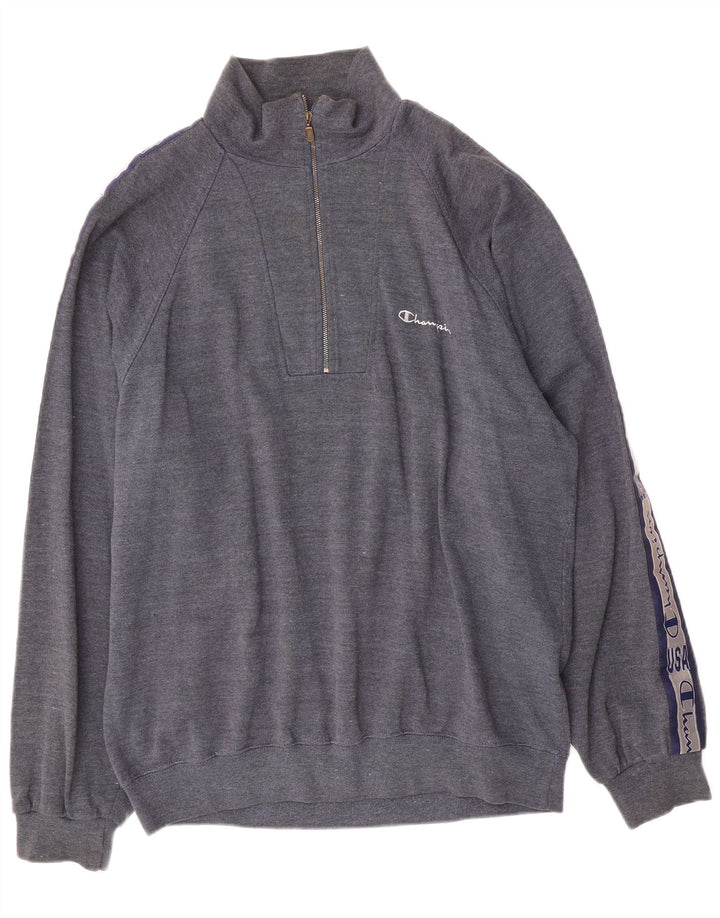 CHAMPION Mens Graphic Zip Neck Sweatshirt Jumper XL Blue Cotton