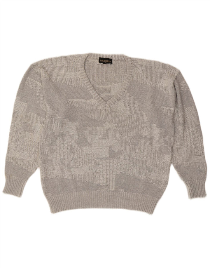MORGANO Mens V-Neck Jumper Sweater Large Grey Geometric Cotton