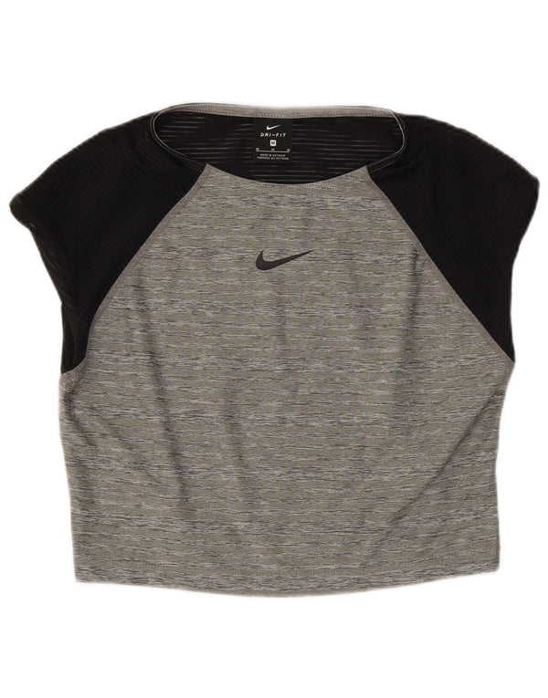 Nike Womens Dri Fit Crop T-Shirt Top UK 12 Medium Grey Colourblock