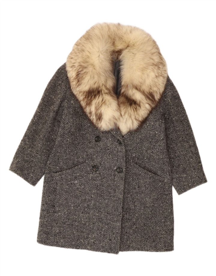 Cappotto doppiopetto vintage da donna IT 47 Large grigio a spina di pesce