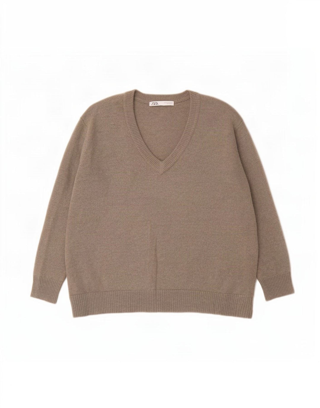 Maglione oversize con scollo a V da donna Zara UK 14 Cachemire medio kaki