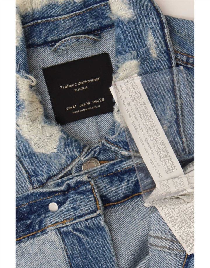 Giacca in denim effetto invecchiato corto da donna Zara UK 12 cotone blu medio