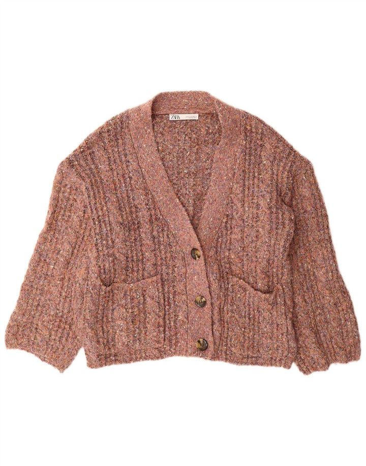 Maglione cardigan oversize da donna Zara UK 14 Poliestere screziato rosa medio