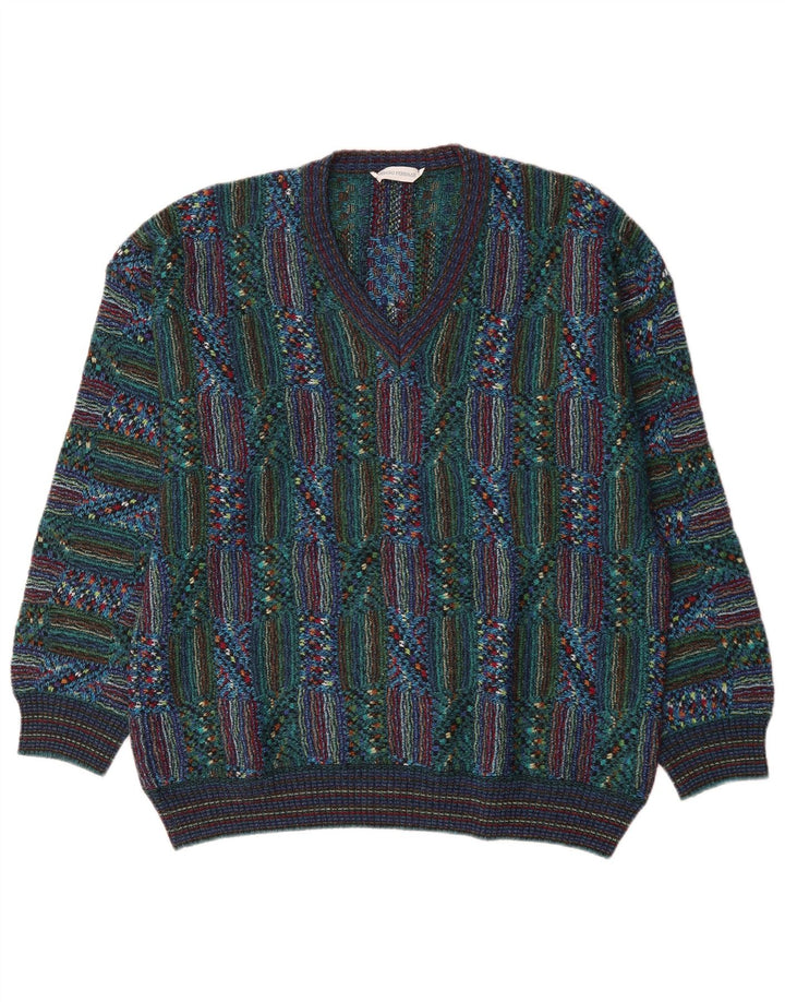 Maglione vintage da uomo con scollo a V grande motivo geometrico multicolore