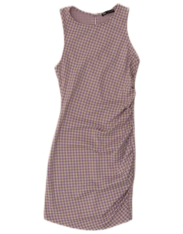 Abito aderente senza maniche da donna Zara UK 8 piccolo cotone a quadri viola