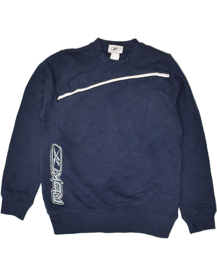 REEBOK Boys Graphic Sweatshirt Jumper 9-10 Years Navy Blue Cotton | Vintage Reebok | Thrift | Second-Hand Reebok | Used Clothing | Messina Hembry 