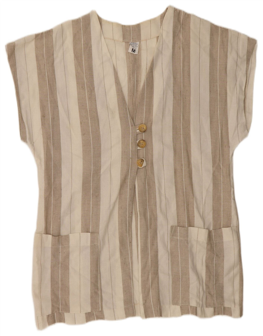 Camicetta camicia a maniche corte da donna vintage UK 14 Lino a righe beige medio