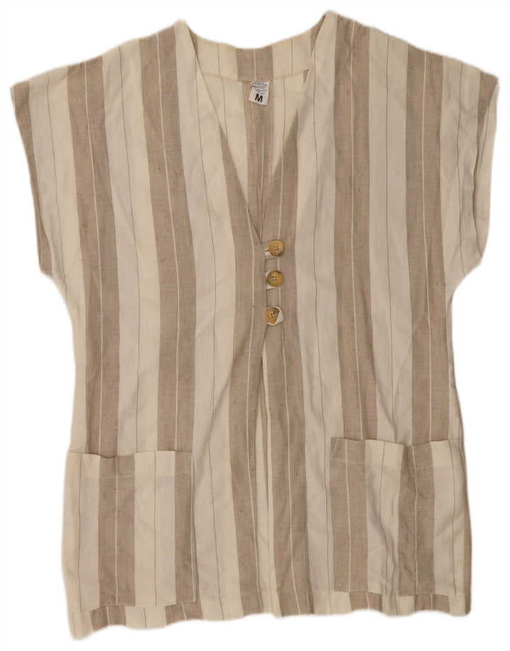 Camicetta camicia a maniche corte da donna vintage UK 14 Lino a righe beige medio