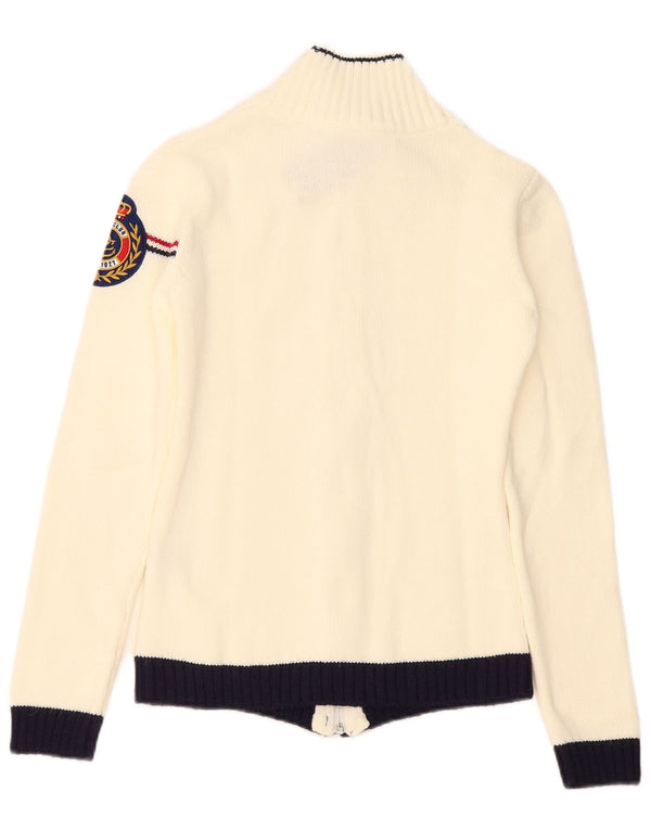Maglione cardigan da donna vintage UK 6 XS acrilico color block bianco