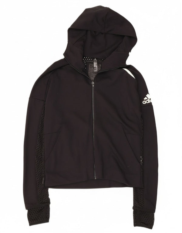 Giacca da ginnastica con cappuccio grafica da donna Adidas UK 16/18 grande nera