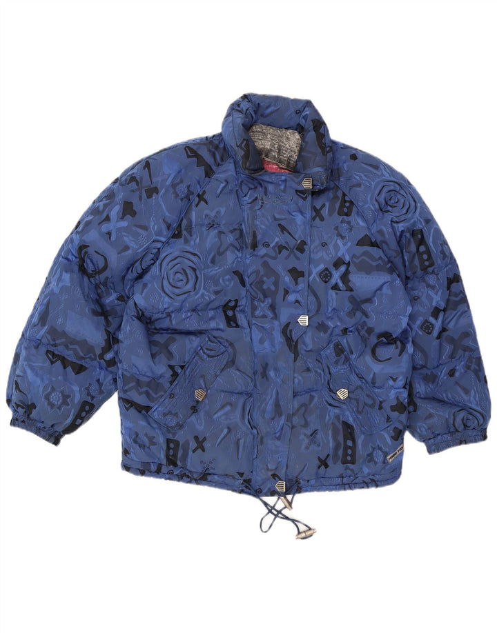 Giacca da sci oversize imbottita da donna vintage UK 8 piccola blu geometrica