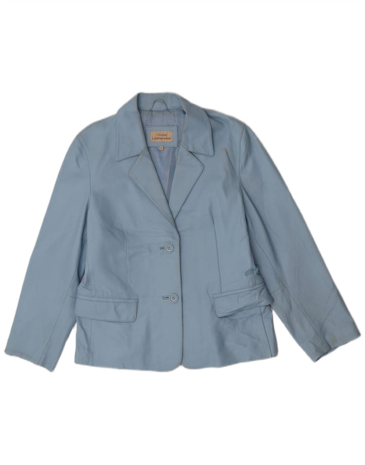 Giacca blazer in pelle vintage da donna a 2 bottoni UK 16 grande in pelle blu