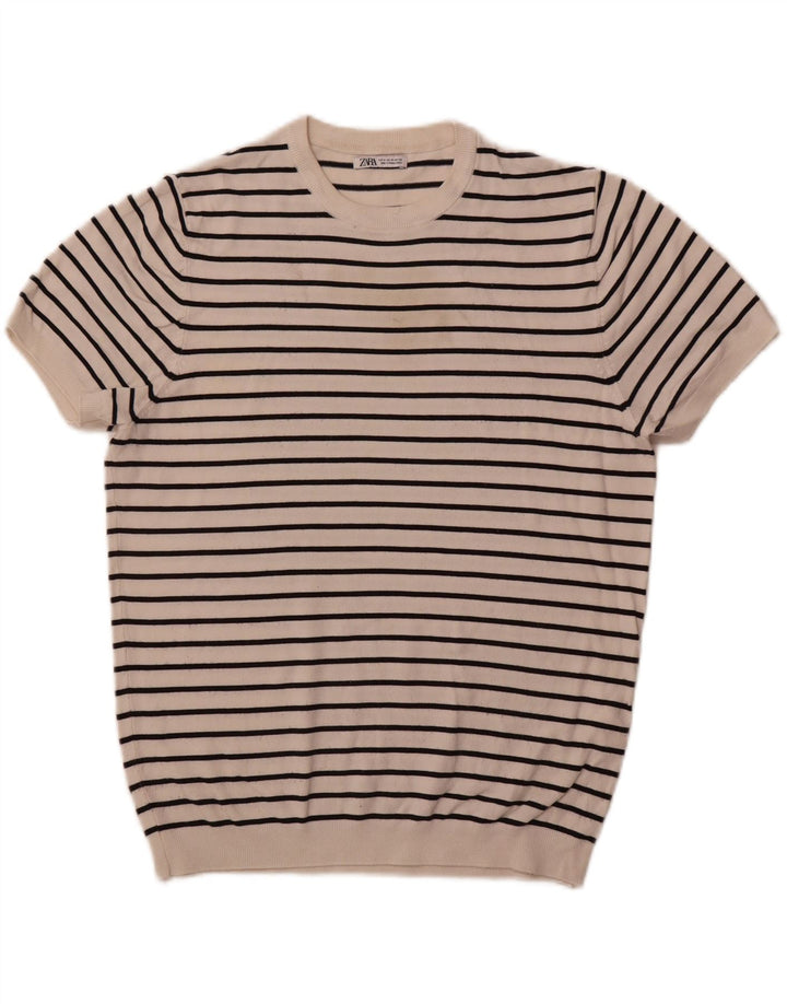 ZARA Womens Crop Crew Neck Jumper Sweater UK 14 Medium White Striped