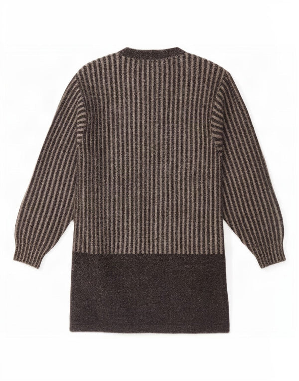 Maglione cardigan lungo da donna vintage UK 14 Lana a righe grigio medio