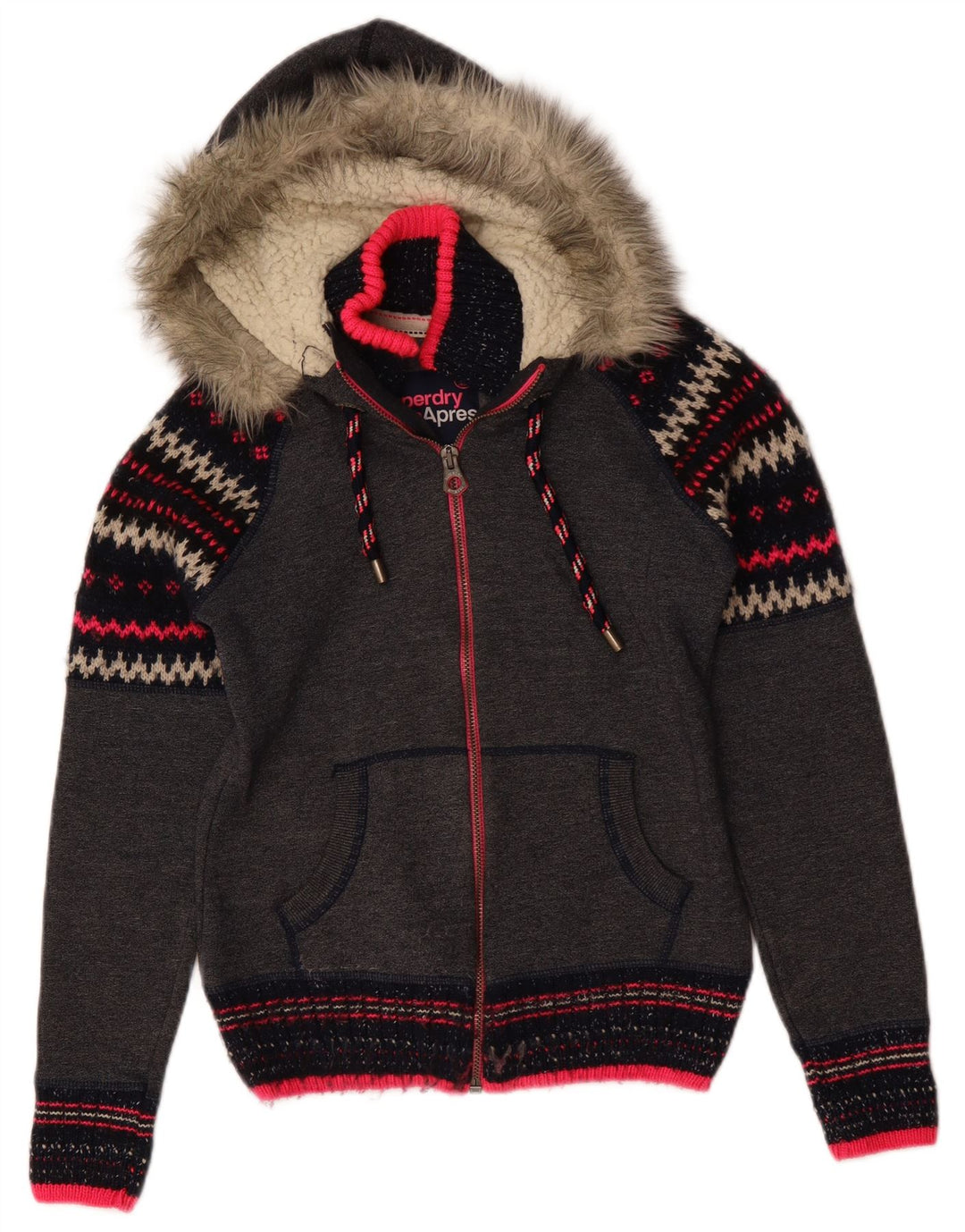 Felpa con cappuccio e zip da donna Superdry UK 10 Small Grey Chevron Poliestere