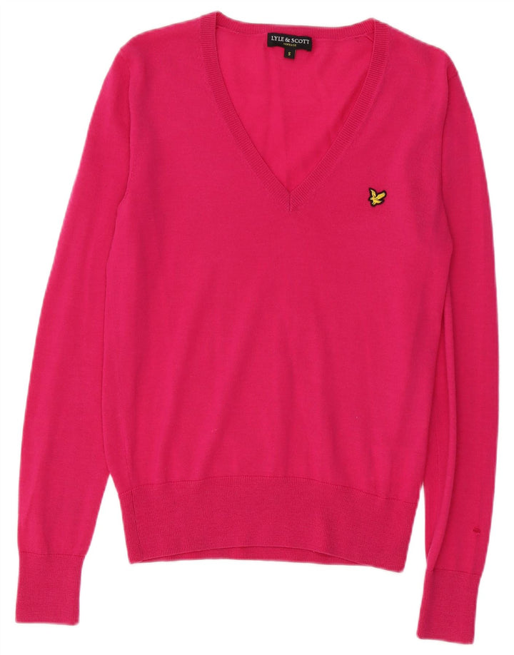 Lyle & Scott maglione da donna con scollo a V UK 10 piccolo lana merino rosa