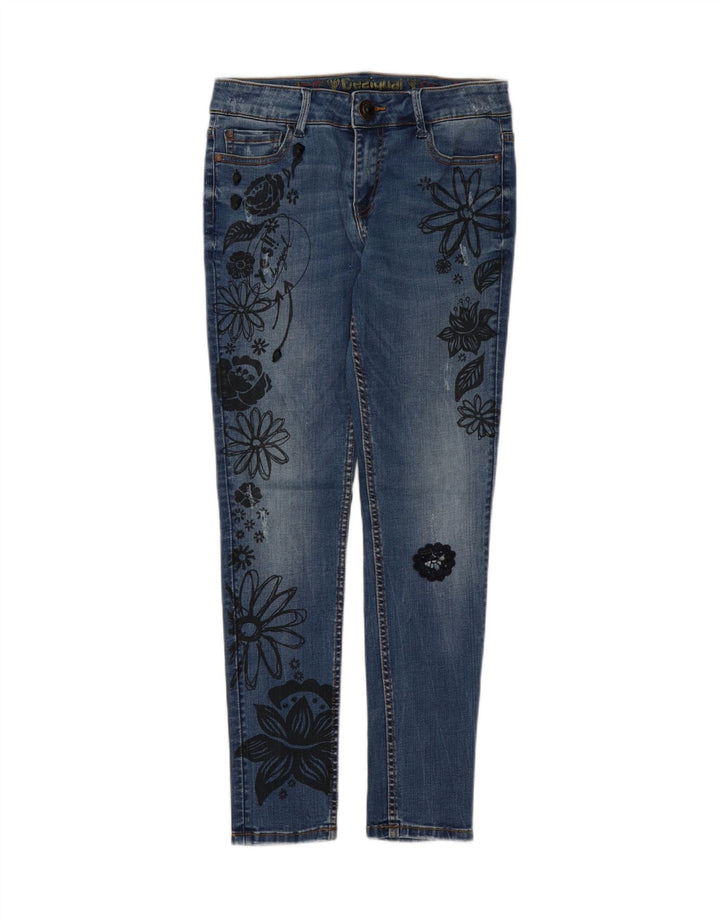 DESIGUAL Womens Slim Jeans W28 L28 Blue Floral Polyester