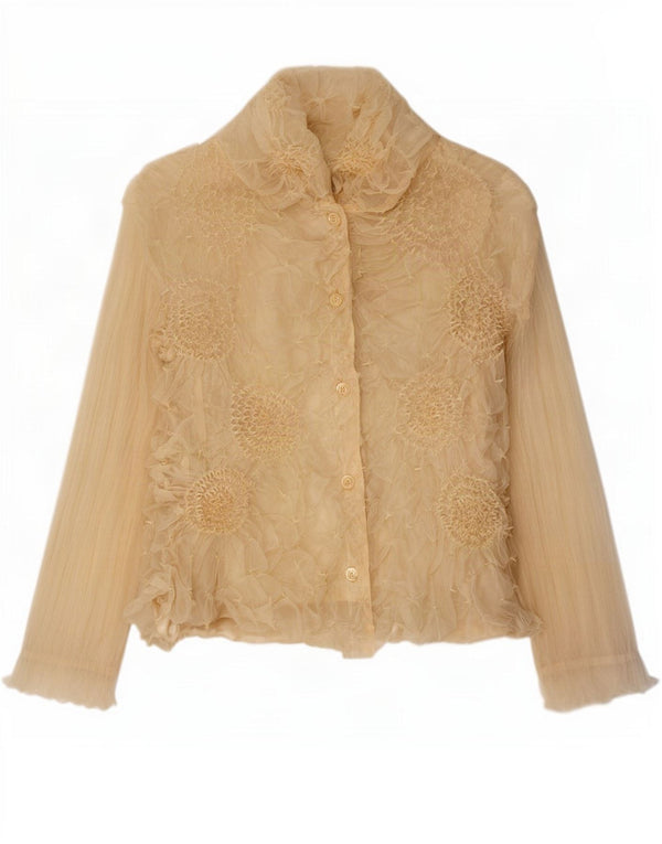 Camicetta camicia vintage da donna UK 14 Grande poliestere floreale beige