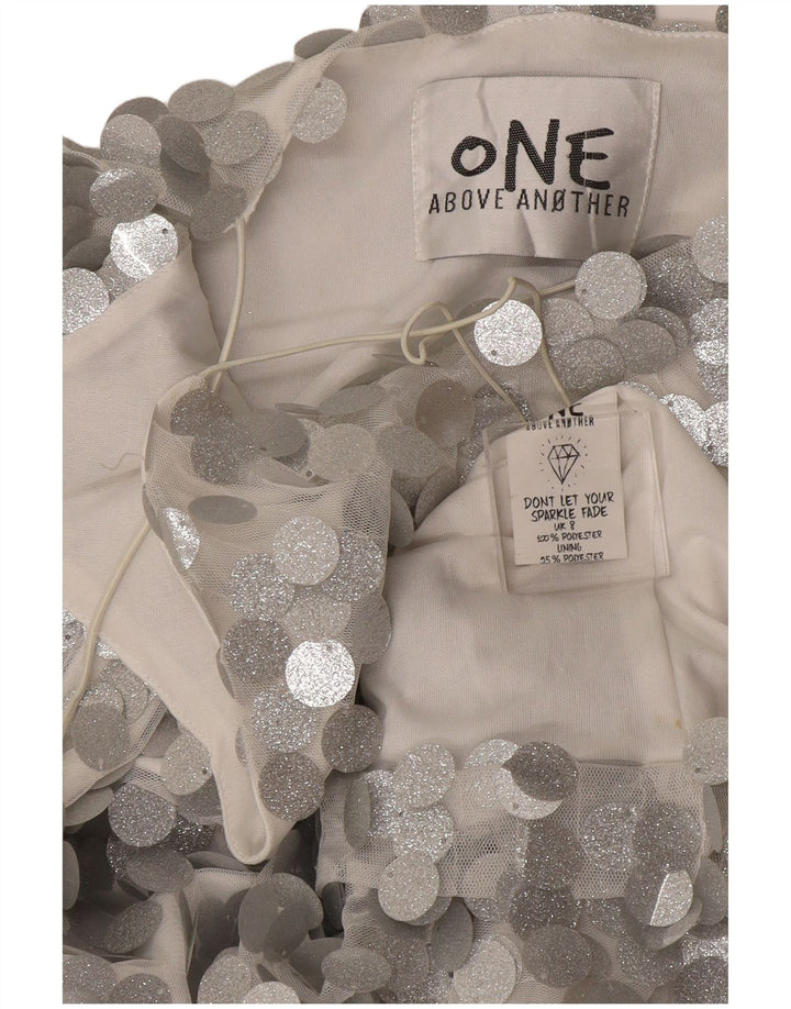 Canottiera vintage da donna UK 12 poliestere argento medio