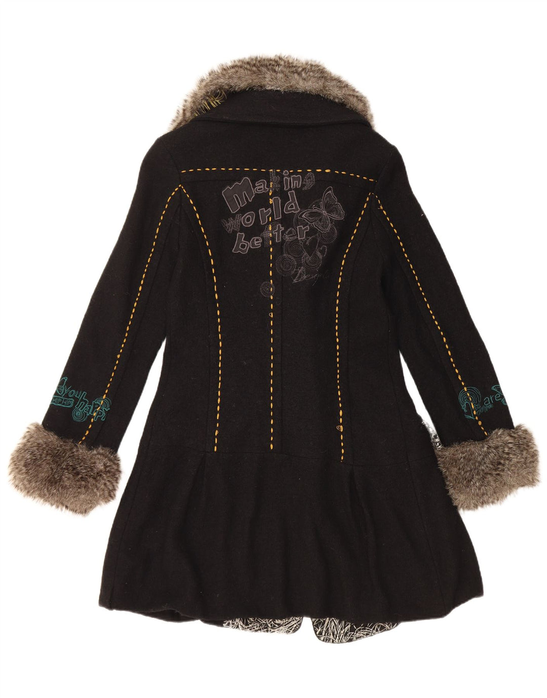 Desigual Cappotto doppiopetto grafico da donna EU 36 Piccolo lana floreale nera
