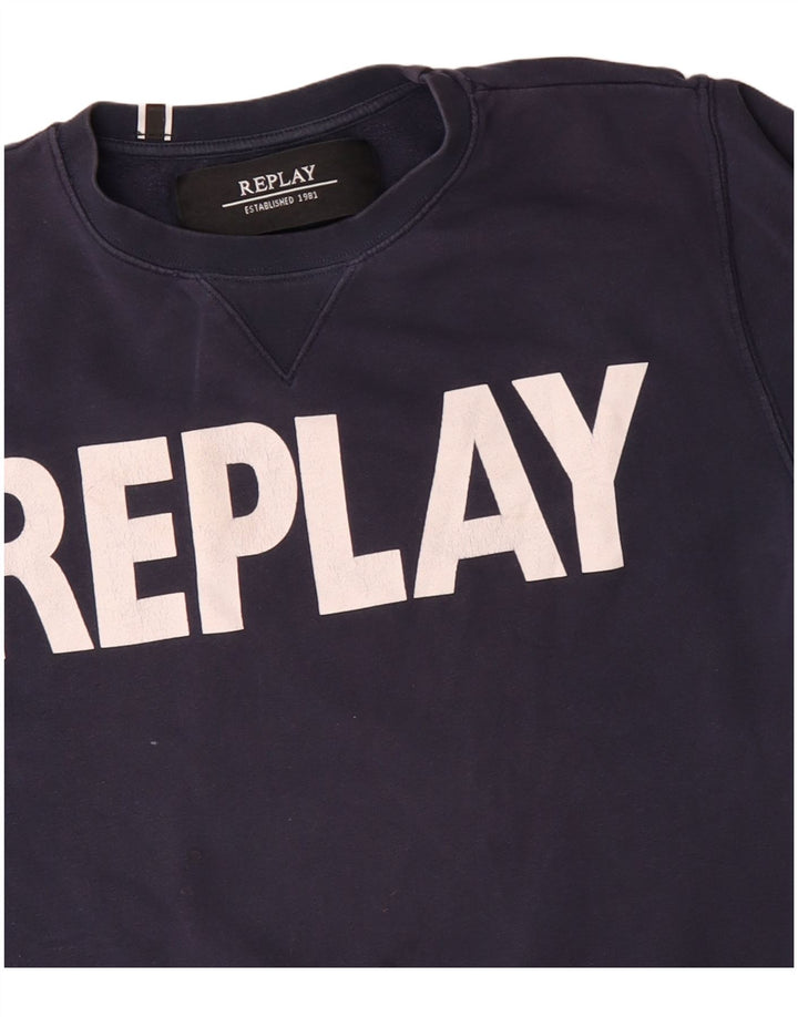 Replay Felpa con grafica da uomo Maglione medio in cotone blu navy